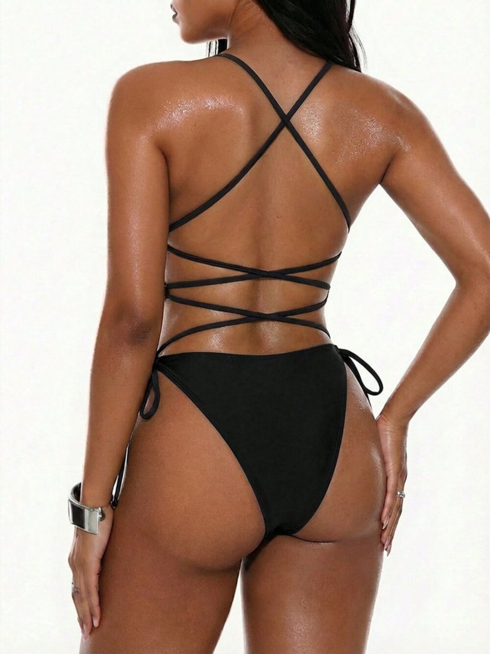 Black Elegant Women's Backless Criss-Cross Rivet Decor swimsuit - Picture 2 of 5